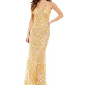 GB Gianni Bini | Yellow & Nude Embroidered Floral Prom Formal Trumpet Maxi Gown
